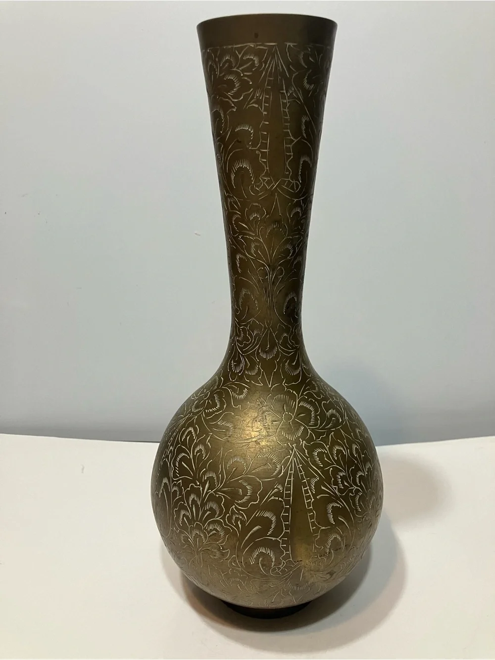Vintage Brass Etched Floral Vase Signed India SP-103 11.75” Decorative